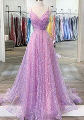 Unique Prom Dresses, A-line V Neck Spaghetti Straps Sweep Train Sequined Prom Dresses With Pleated