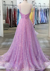 Unique Prom Dresses, A-line V Neck Spaghetti Straps Sweep Train Sequined Prom Dresses With Pleated