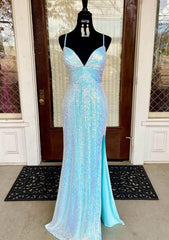 Fantasy Prom Dresses, Sheath/Column V Neck Spaghetti Straps Sweep Train Sequined Prom Dresses With Split