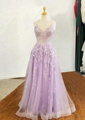 Lilac Prom Dresses, A-line V Neck Spaghetti Straps Long/Floor-Length Tulle Prom Dresses With Appliqued Sequins