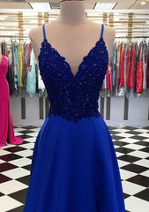 Royal Blue Prom Dresses, A-line V Neck Regular Straps Long/Floor-Length Satin Prom Dresses With Appliqued Beading