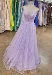 Lilac Prom Dresses, A-line V Neck Spaghetti Straps Long/Floor-Length Lace Tulle Prom Dresses