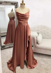 Simple Prom Dresses, A-line Bateau Spaghetti Straps Long/Floor-Length Satin Prom Dresses With Pleated Split