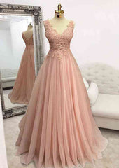 A-line V Neck Sleeveless Long/Floor-Length Tulle Glitter Prom Dresses With Appliqued Beading