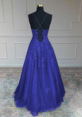 Royal Blue Prom Dresses, A-line V Neck Spaghetti Straps Long/Floor-Length Tulle Prom Dresses With Appliqued Beading Glitter