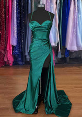 A-line Sweetheart Spaghetti Straps Sweep Train Silk like Satin Ruched Prom Dresses- Prom Dresses