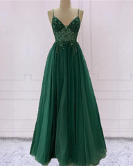 Spaghetti Strap Green A Line Long Prom Dresses V Neck Formal Evening Gown Party Dresses