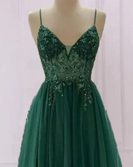 Spaghetti Strap Green A Line Long Prom Dresses V Neck Formal Evening Gown Party Dresses