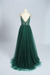 Spaghetti Strap Green A Line Long Prom Dresses V Neck Formal Evening Gown Party Dresses