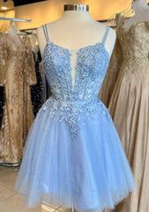 A-line Deep V Neck Tulle Short Homecoming Dress