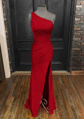 Sheath/Column One-Shoulder Sleeveless Jersey Long/Floor-Length Prom Dresses With Pleated Split