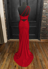 Sheath/Column One-Shoulder Sleeveless Jersey Long/Floor-Length Red Prom Dresses With Pleated Split