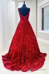 Red Sequin Square Neck Backless A-Line Long Prom Gown