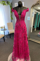 Fuchsia Off-the-Shoukder Floral A-line Long Prom Dresses