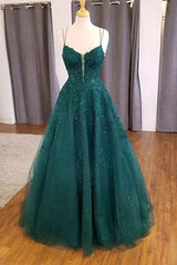 Hunter Green Floral Appliques Straps A-Line Prom Dresses