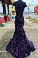 Purple Sequin Off-the-Shoulder Lace-Up Mermaid Long Dress