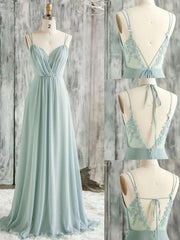 A-Line Spaghetti Strap Chiffon and Lace Long Prom Dresses