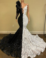 Hot Half Black Half White One shoulder Long Sleeves Mermaid Prom Dresses