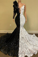 Hot Half Black Half White One shoulder Long Sleeves Mermaid Prom Dresses