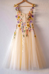 3D Flowers Champagne Tulle Short Prom Dresses, Homecoming Dresses Sweet 16 Dresses