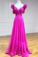 Hot Pink Ruffles Lace-Up Back A-Line Prom Dress, Formal Evening Dresses