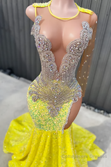 Round neck Silver Beaded Mermaid Yellow Sequin Prom Dresses