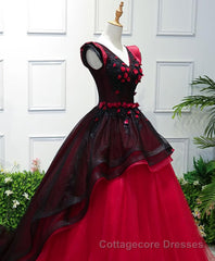 Unique Burgundy V Neck Tulle Long Prom Dress, Burgundy Evening Dress