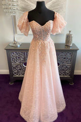 Pink Tulle Sweetheart A-Line Prom Dresses with Puff Sleeves