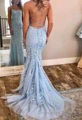 Chic Trumpet Spaghetti Straps With Lace Appliques Light Blue Prom Dresses