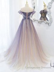 Purple Off Shoulder Tulle Sequin Long Prom Dress, Purple Evening Dress