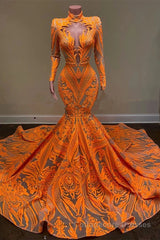 Hot Orange High neck Long Sleeves Mermaid Sequin Prom Dresses