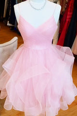 short pink a line homecoming Dresses birthday Dresses with ruffled skirt