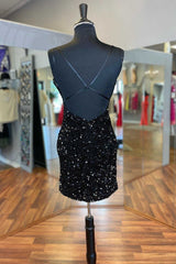 Black Sequins V-Neck Backless Short Party Dress