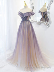 Purple Off Shoulder Tulle Sequin Long Prom Dress, Purple Evening Dress