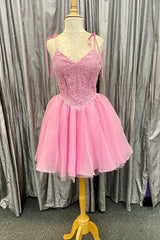 Pink Bow Tie Shoulder Appliques Tulle V Neck Homecoming Dresses