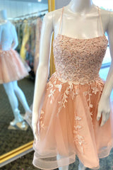 Peach Appliques Lace-Up Back A-Line Short Party Dresses