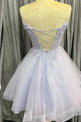 Lavender Strapless Appliques Tulle Lace-Up Homecoming Dress