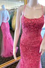 Hot Pink Appliques Beaded Lace-Up Back Mermaid Long Formal Dresses