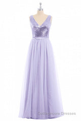 Lavender Sequin V-Neck Backless A-Line Long Dress