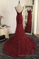 Burgundy Trumpet Sweep Train V Neck Mid Back Appliques Beading Long Prom Dresses