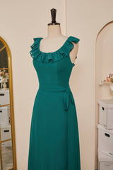 Teal Ruffled Neck A-line Long Bridesmaid Dress with Sash