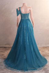 One-Shoulder Beading Sweep Train Backless Evening Dress