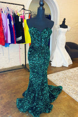 Hunter Green Strapless Mermaid Sequins Long Prom Dresses