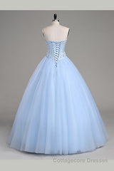 Light Blue Ball Gown Floor Length Sweetheart Strapless Sleevless Beading Prom Dresses