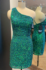 Hunter Green One Shoulder Straps Sequins Sheath Homecoming Dresses