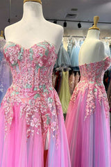 Pink Tulle Floral Appliques Sweetheart A-Line Prom Dress