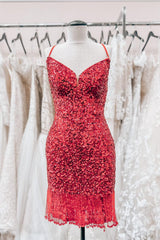 Red Lace-Up Sequins Sheath V Neck Homecoming Dress with Tassels