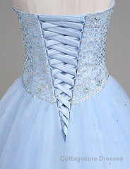 Light Blue Ball Gown Floor Length Sweetheart Strapless Sleevless Beading Prom Dresses