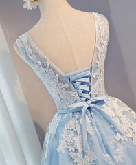 Blue V Neck Tulle Short Prom Dress, Blue Homecoming Dress