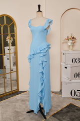 Light Blue Flaunt Sleeves Mermaid Ruffled Long Bridesmaid Dress with Slit